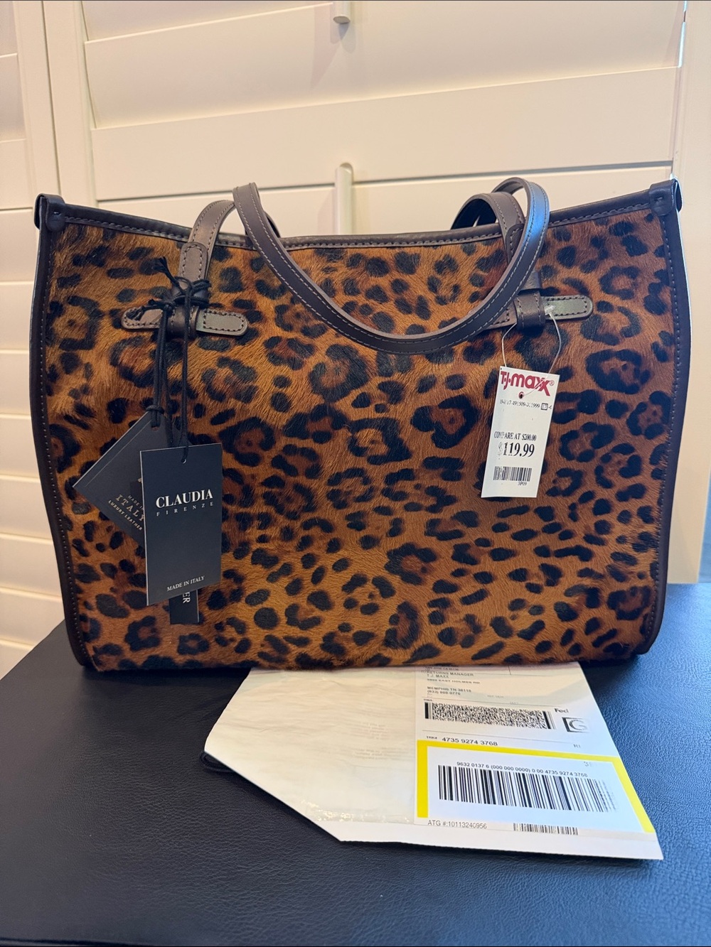 Claudia Firenze Large Brown Suede Leopard-Print Tote Bag NWT
